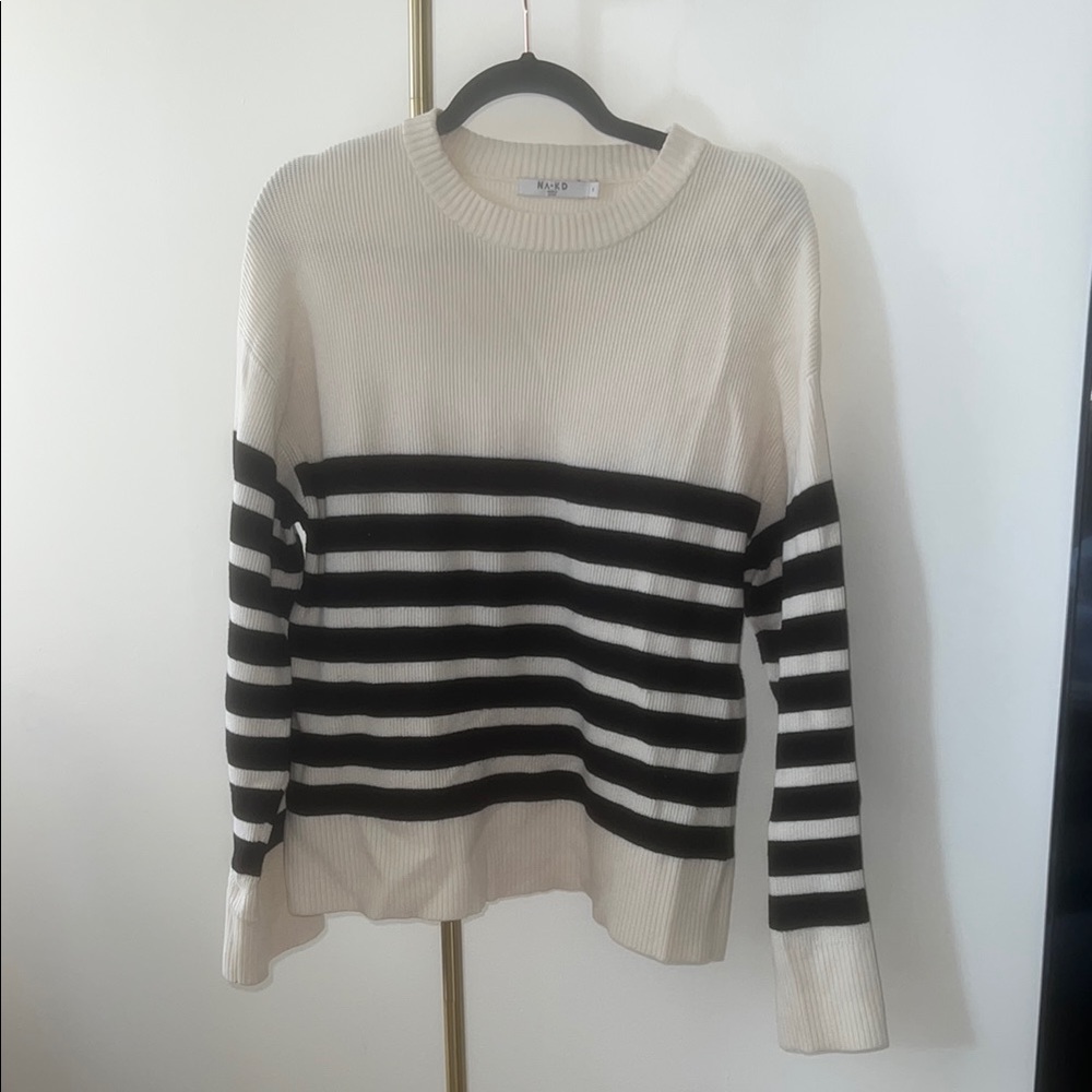 The Perfect Black and Cream Crew Neck Sweater with Nautical Stripes